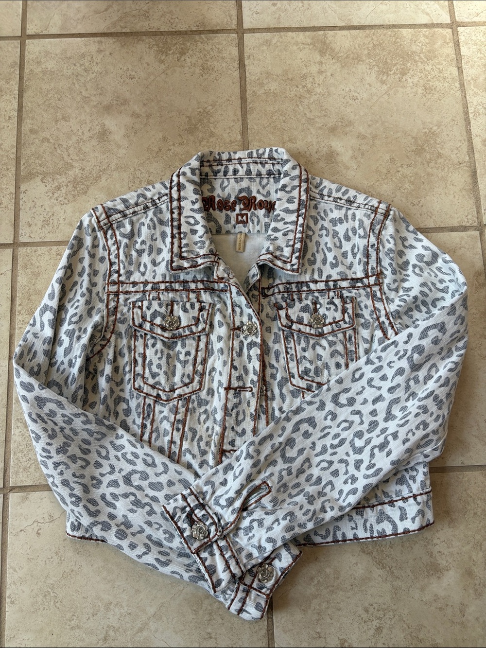 Rose Royce White & Gray Leopard Print Denim Jacket with Contrast Stitching